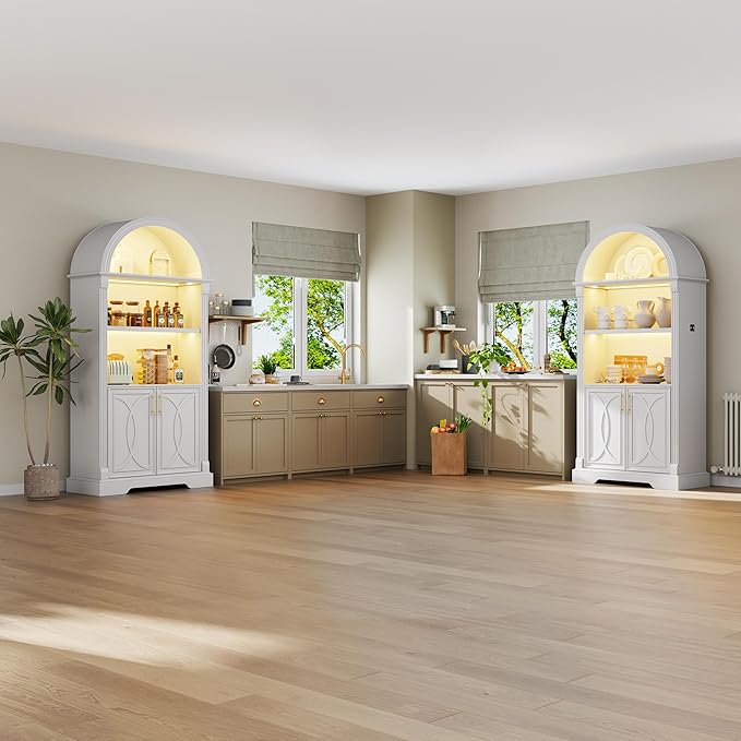 Vlsrka 71" Tall Arched Cabinet, Kitchen Pantry Cabinets, Arched Bookshelf/Bookcase,China Cabinet, Wood Kitchen Storage Cabinets with Open & Adjustable Shelves, Induction 3 Color Lights, White