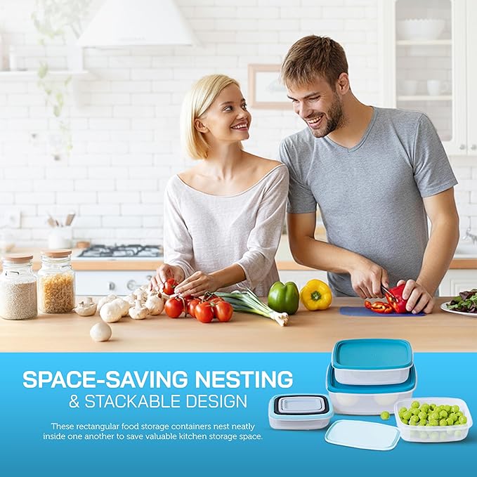 7 Piece Food Storage Container Set with Airtight Lids & BPA-Free Plastic, Stackable Rectangular Nesting Boxes for Meal Prep - Microwave & Dishwasher Safe - Turquoise Blue - 2.5 Pounds