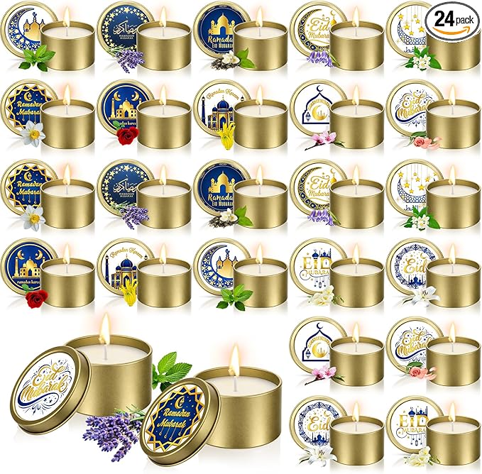 Nuanchu 24 Pack Eid Mubarak Scented Candles Gift 2 oz Blue Gold Star and Moon Design Ramadan Aromatherapy Soy Wax Jars Lasting Bulk Favors for Home Islamic Holiday Party Decor