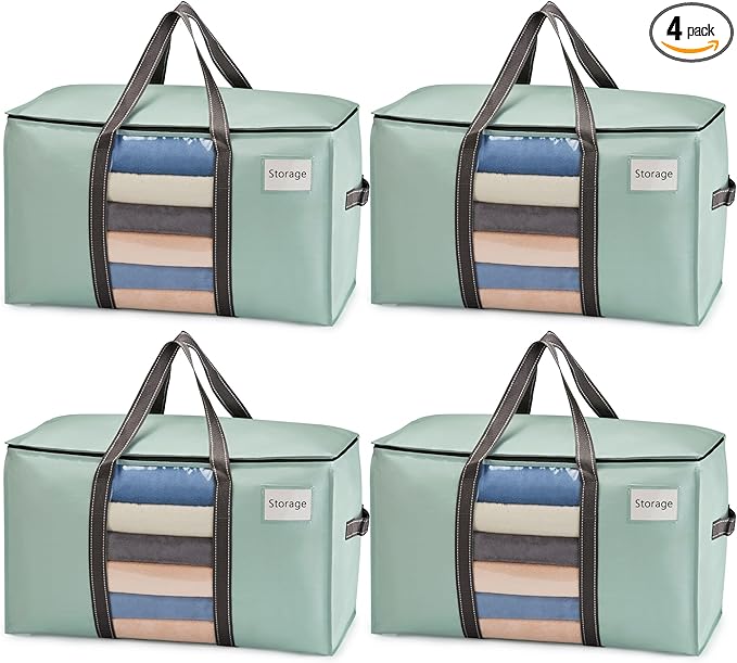 VENO 4 Pack Moving Bags with Clear Window, Heavy Duty Storage Bins with Lid, Around Handles, Tag, Zippers, Extra Large Totes Packing Moving Boxes Supplies for College Dorm Clothes (Light Green)