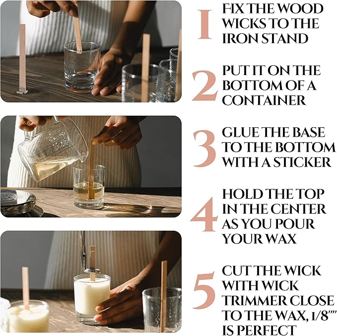 BELMAKS 151PCS Candle Making Set Wooden Wicks with Metal Base, Smokeless, Includes Wick Trimmer and Stickers