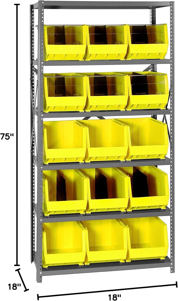 Quantum Storage Systems QSBU-260YL Giant Open Hopper Steel Shelving System, 18" D x 36" W x 75" H, with 6 Shelves and 15 QUS260 Bins, Yellow