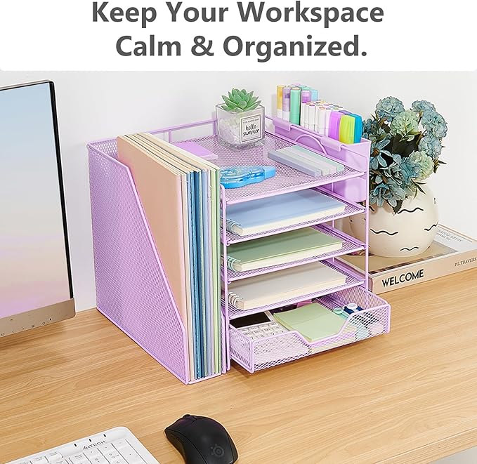 Desk Organizer, 5-Tier Paper Letter Tray Organizer with File Holder, Drawer and Pen Holder, Desktop Organizer for Office Supplies, Purple
