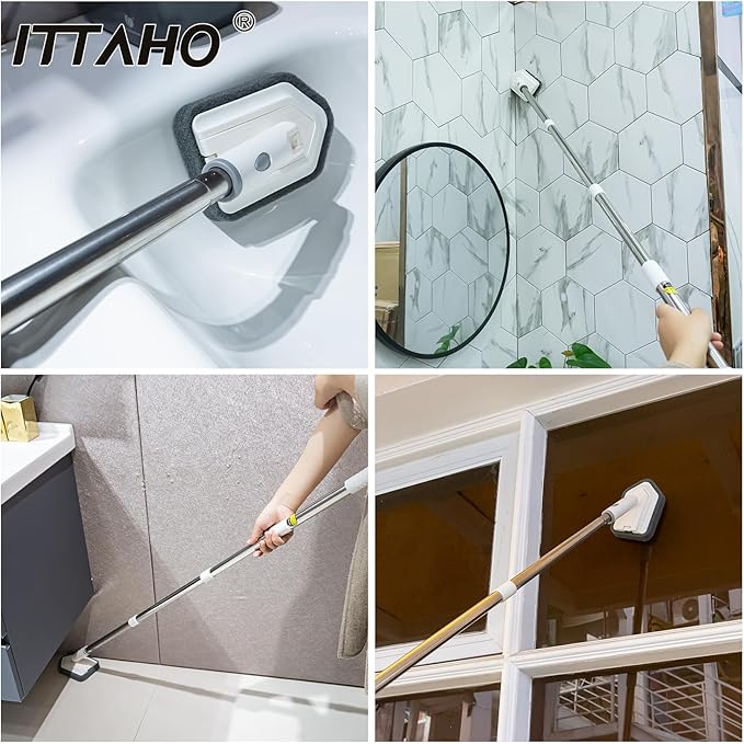 ITTAHO Shower Tile Tub Scrubber Brush with 4 Cleaning Heads,Floor Scrub Brush with 56''Long Handle, Shower Cleaner Brush & Grout Cleaner Brush Set for Shower,Tile, Tub, Bathroom,Kitchen,Walls,Sink