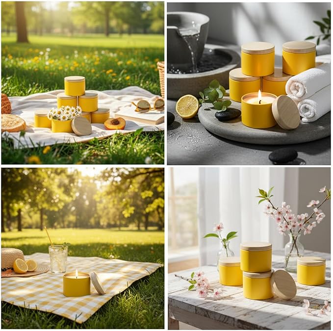 Honeydak 36 Pcs 4oz Yellow Candle Jars Bulk Candle Tins Small Empty Containers with Metal Wood Grain Printing Lids for Making DIY Jars Storage Wedding Gifts
