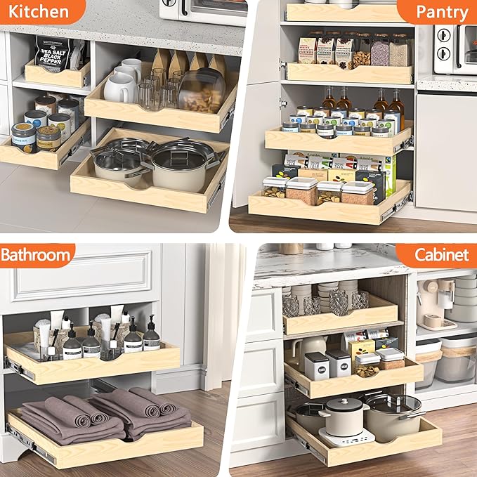 ZOINLIY 24''W X 21''D X 3''H Wooden Pull Out Drawer for Cabinet, Cabinet Organizer for Kitchen, Soft Close Slide Out Shelves, Heavy Duty, Fully Expandable