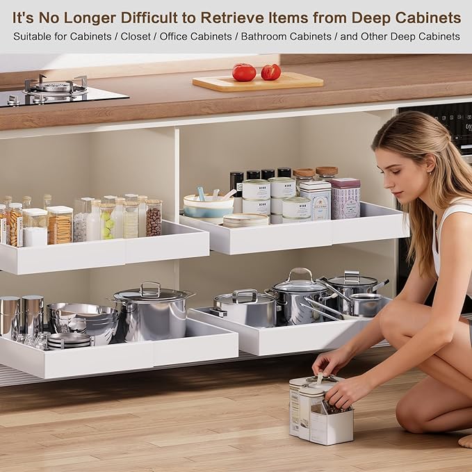 2 Pack Pull out Cabinet Organizer,Extendable (12"-20") Heavy-Duty Pull-Out Drawers – Secured with Nano Adhesive Tape, Ideal for Cookware Storage, for Kitchen Base Cabinets (21" Dx12-20" W)
