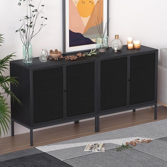 XIAO WEI Farmhouse Boho Sideboard Buffet Cabinet with Black Rattan Doors, Accent Credenza Console Storage Cabinet with Metal Legs for Living Room, Kitchen