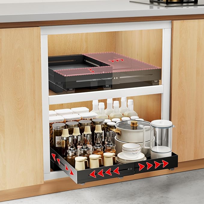Pull Out Cabinet Organizer With Raising Pad for Framed Cabinets,Adjustable Depth(15.7"-24.4") And Width(12.8"-20.5"),Slide Out Drawers,No Drill Design,Heavy Duty Storing,Black
