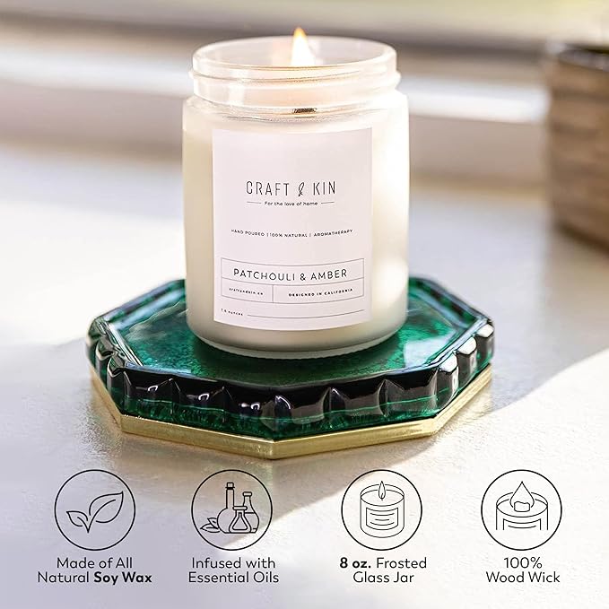 Craft & Kin Patchouli & Amber Scented Candle | 8 Oz, 45-Hour Long Lasting | Classic Soy with Woodwick Winter Candles | Made with Natural Soy | Holiday Candles Gifts for Men and Women