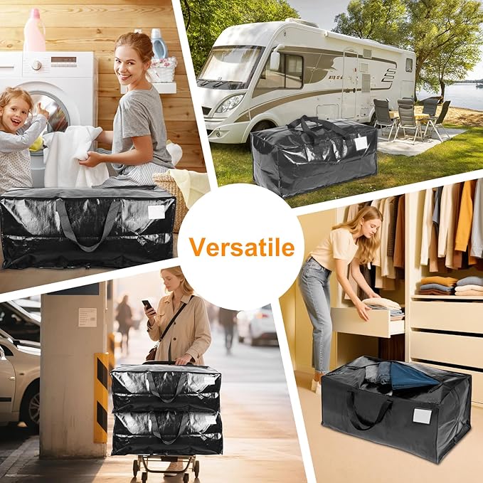 CHVEGLUZ 4 Packs Moving Bags Heavy Duty Extra Large,Storage Bags with Zipper&Handles, Sturdy&Durable Clothes Storage Bags Totes for College Dorm Essentials, Moving Boxes for College Supplies, Black