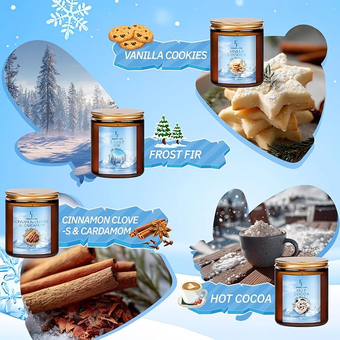Christmas Candles, Winter Scented Candles for Home, 4 Pack Holiday Natural Soy Candles, Gifts for Women Men, Fragrance of Fir/Hot Cocoa/Vanilla Cookies/Cinnamon
