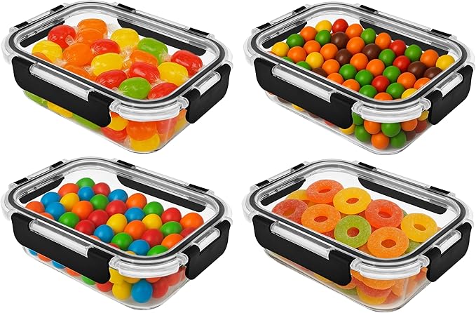 Glass Food Storage Containers Bowls with Airtight Snap Locking Lids for Meal Prep Leftovers Baking Lunch Boxes Dish (Black, 21oz Rectangle 4 Pack)