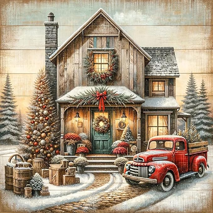 VIGEGU Christmas 5D Diamond Painting Kits for Adults,Christmas Red Truck Diamond Art kit for Beginners,DIY Full Round Drill Diamond Dots with Gem Art Crafts for Home Wall Decor 13.7x13.7 Inch