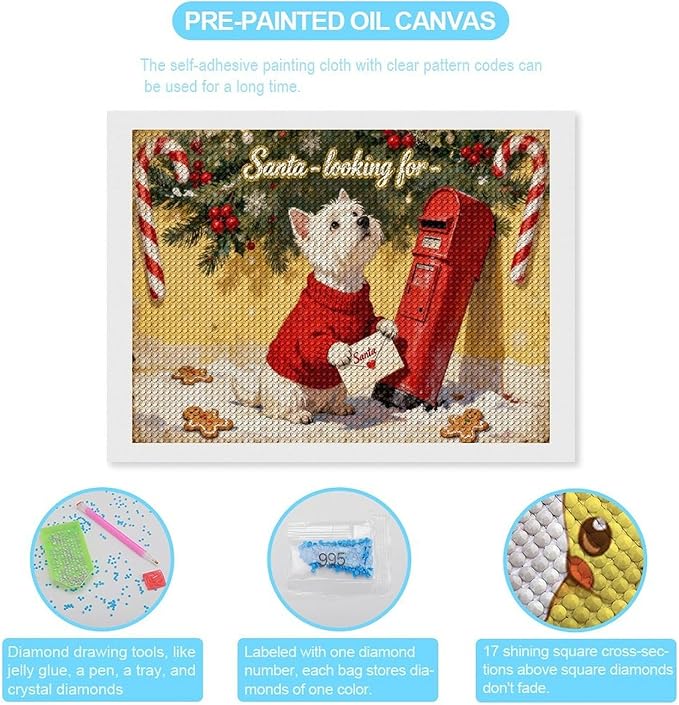 Diamond Painting Kits for Adults - Cute Scottish Terrier Christmas Westie Dog Holding Santa Letter Painting DIY 5D Full Drill Diamond Dots Paintings with Diamonds Gem Art And Crafts Home Decor 12"x16"