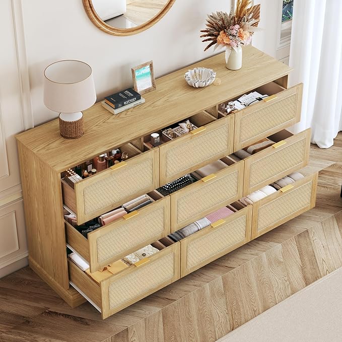 HUAHUU 9 Drawer Dresser for Bedroom, 60 Inch Long Dressers & Rattan Chest of Drawers, Large TV Stand for 55, 65, 70 Inch TV, Boho Style, Modern Dresser for, Living Room, Entryway, Bedroom, Natural Oak