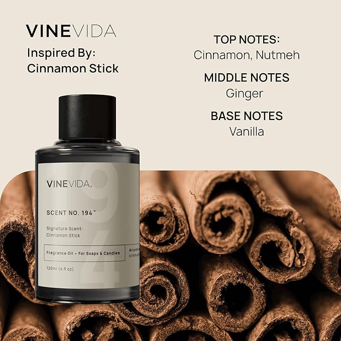 VINEVIDA [4 oz] Scent Cinnamon Stick; Fragrance Oil for Candle Making and Soap Making - Winter & Holiday Oils