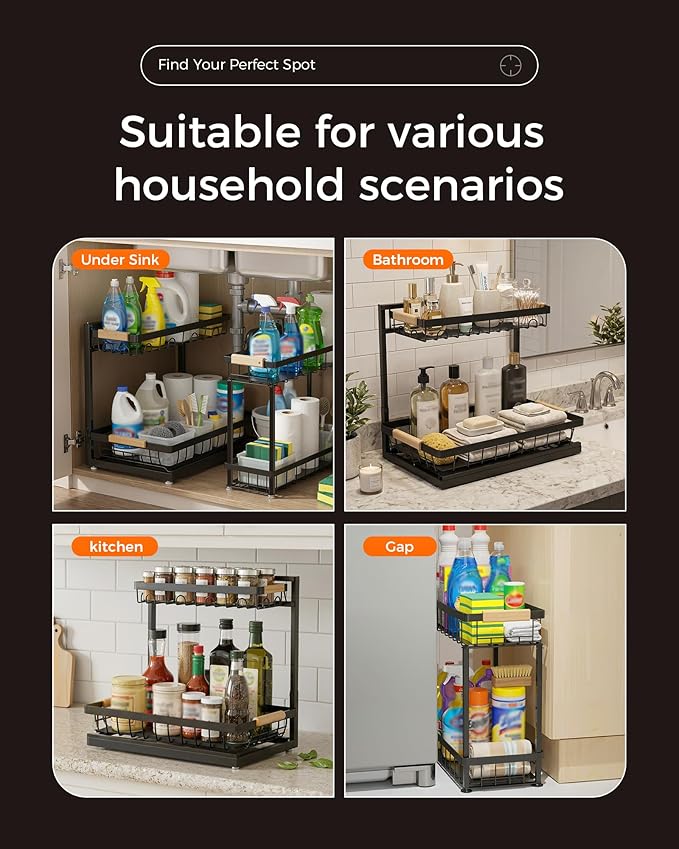 3 Pack Under Sink Organizer, Height Adjustable 2 Tier Pull-Out Metal Under Kitchen Sink Organizer, Multi-Purpose Storage Shelves for Kitchen Bathroom Cabinet (Black)