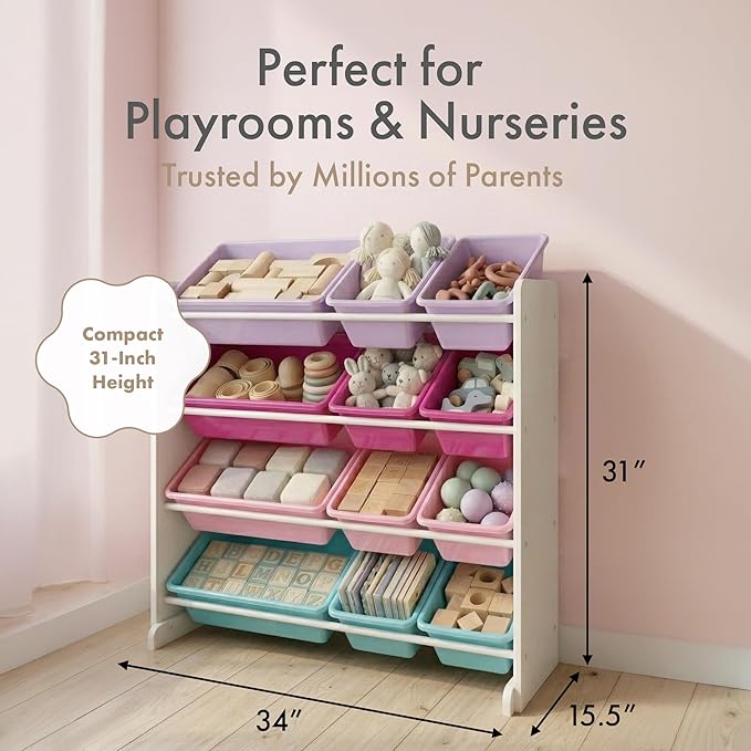 Humble Crew Kids Toy Storage Organizer with 12 Plastic Bins, White/Pink/Purple/Turquoise – Removable Bins for Playroom, Bedroom, Toddler Furniture for Boys and Girls Ages