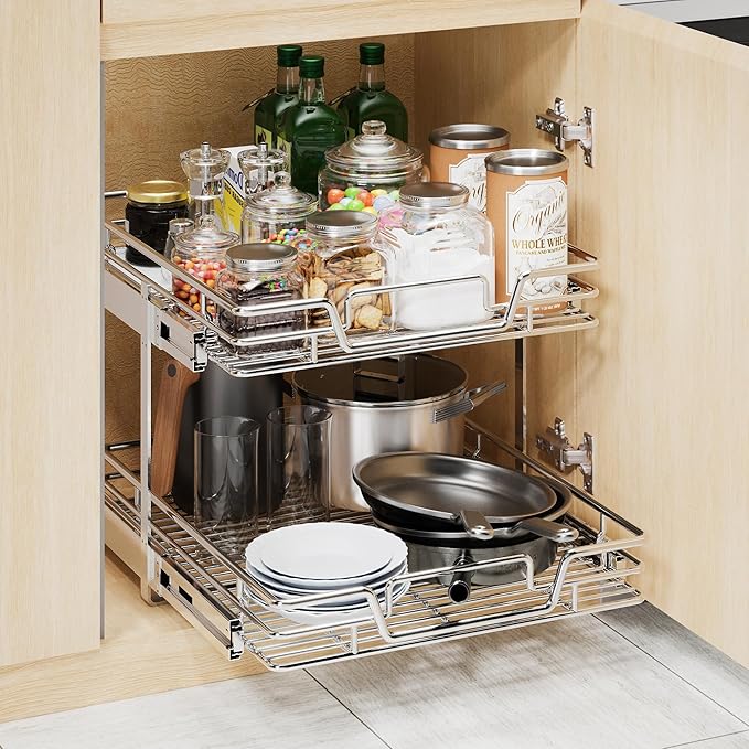 2-Tier Kitchen Cabinet Pull Out Shelf and Drawer Organizer Slide Out Pantry Storaqe Basket in Multiple Sizes (19" W x 21" D)