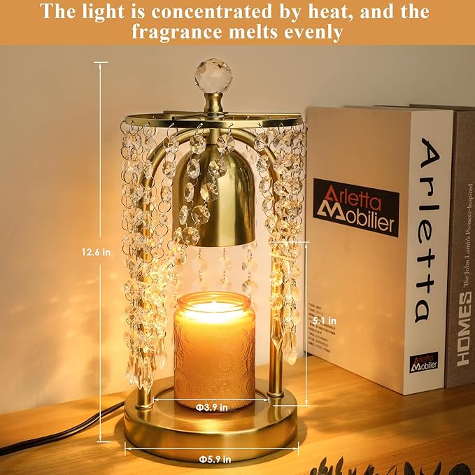 Gold Candle Warmer Lamp with Timer and Dimmer - Electric Candle Warmer,Crystal Candle Lamp for Bedroom Decor,Flameless Scented Candle Light Warmer,House Warming Gift New Home for Women