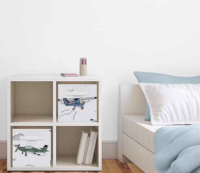 Sweet Jojo Designs Vintage Airplane Boy Collapsible Fabric Storage Cubes Foldable Bins Organizer Boxes Kids Baby Childrens Toys (Set of 2) Grey Green Blue White Yellow Airplanes Plane Transportation