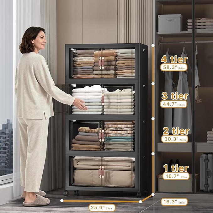 Stackable Storage Bins with Lids, 896QT Closet Organizers and Storage with Doors and Wheels, Extra Large Storage Cabinet, Collapsible Plastic Drawers for Bedroom Dorm Office Garage