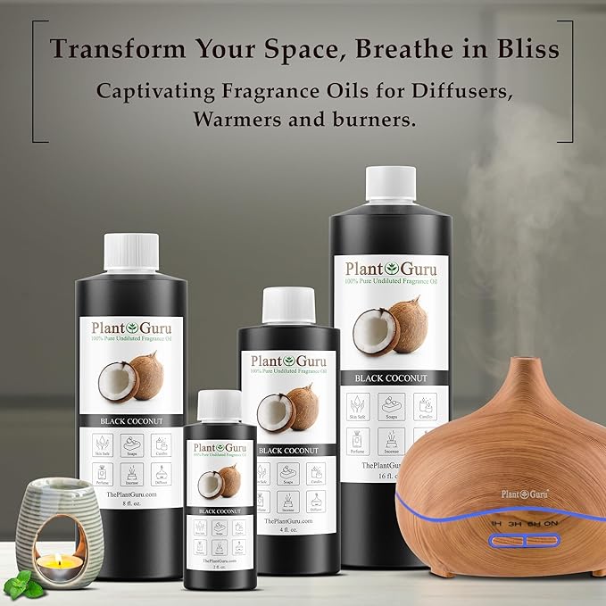 Black Coconut Fragrance Oil 4 fl. oz. Scented Oil for DIY Soap Making, Candles, Bath Bombs, Body Butters. Used in Aromatherapy Diffusers, Burners and Warmers. Great Addition to Lotions and Creams.