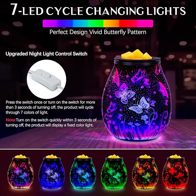 EQUSUPRO Wax Melt Warmer Wax Melter Wax Burner for Scented Wax Melts Electric Fragrance Warmer for Wax Cubes & Tarts, Vivid 3D Design 7 Colors LED Light Gift & Decor for Home Office (3D Butterfly)