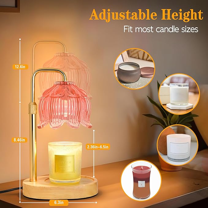 Candle Warmer Lamp with Timer Dimmer, Adjustable Height Candle Wax Warmer, Christmas Birthday Gift for Mom Women, House Warming Gifts for New Home Bedroom Decor, (Lotus Flower-Amber)