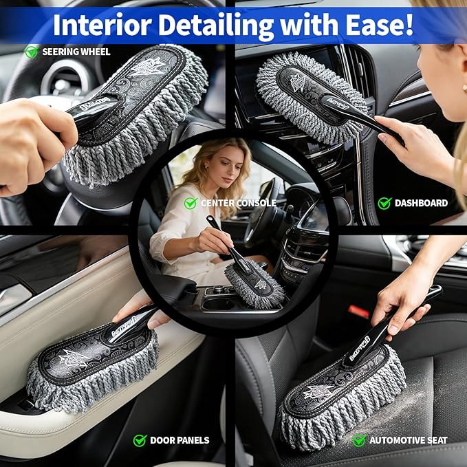 Flash Dog Car Duster Exterior Scratch Free, Waterless Cleaning Brush for Car Truck RV Boat, Gifts for Men Women, Storage Bag & Air Freshener - Wooden Handle Wax Cotton Duster & Mini Interior Brush
