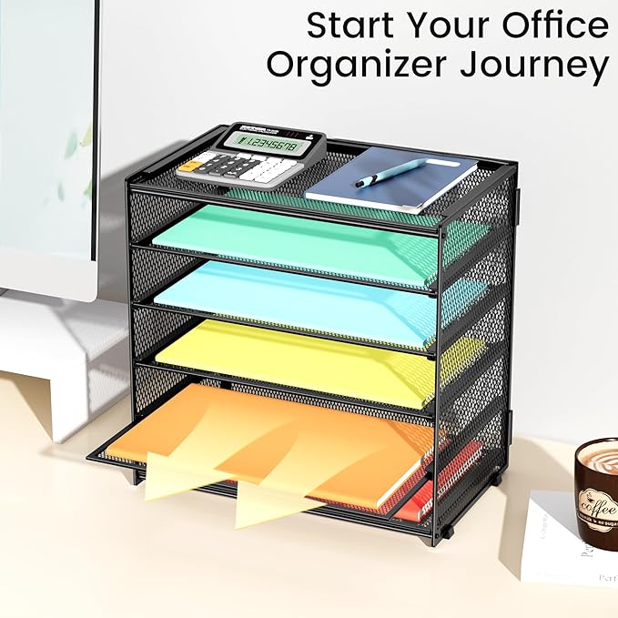 Paper Organizer Storage for Desk Accessories & Workspace Organizers 6 Tier Letter Tray Desk File Organization Metal Mesh Paper Sorter for Office-Black
