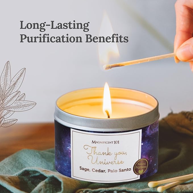 MAGNIFICENT 101 Affirmation - Thank You Universe Aromatherapy Smudge Candle - 6 oz - 35-Hour Burn - Soy Wax, Sage, Cedar, Palo Santo Oils - for Energy Cleansing & Manifestation