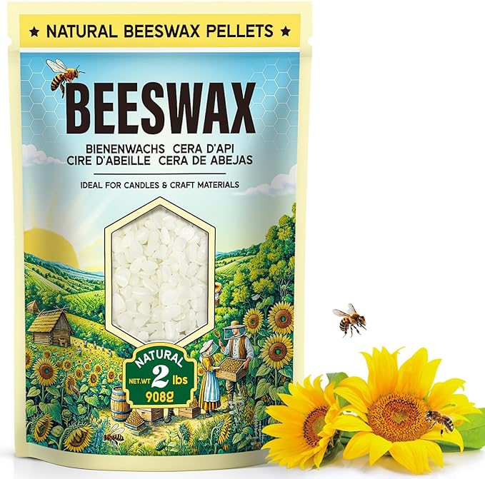 Beeswax Pellets for Candle Making – 2lb/5lb/10lb – Natural Beeswax for Candles, Lip Balms, and Skincare – White Beeswax for DIY Projects – Ideal for Beginners and Experts（2lb）