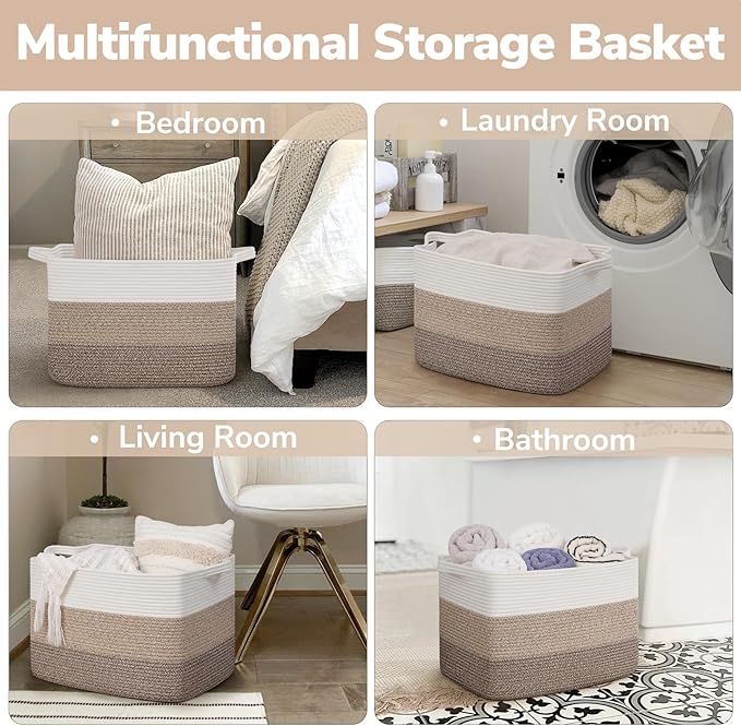 Goodpick Large Storage Basket, 18"x14"x12" Cotton Rope Organizer for Blankets, Toy Baskets Storage Kids, Rectangle Woven Basket for Living Room, Bedroom, Gradient Brown
