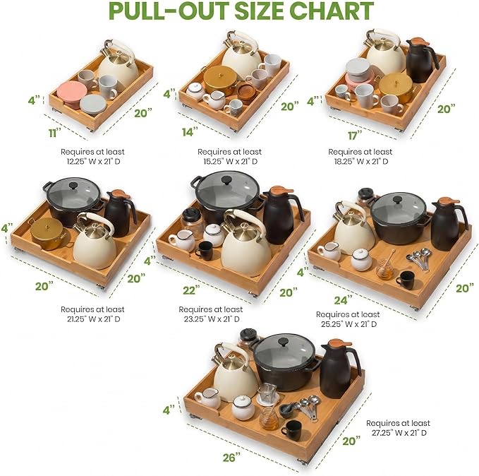 HOLDN’ STORAGE Bamboo Wooden Pull out Cabinet Organizer 11"W x 21"D Requires At Least a 12.25"W x 21"D Cabinet Opening W/Lifetime Limited Warranty, Bamboo Tray and Heavy Gauge Metal Rails