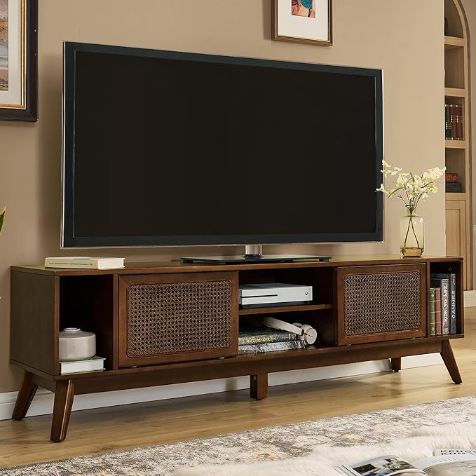 Amposei Mid Century Modern TV Stand Entertainment Center for 65/70/75 inch TVs, Sliding Rattan Door Wooden Console Storage Cabinet with Wood Legs for Living Room, Walnut