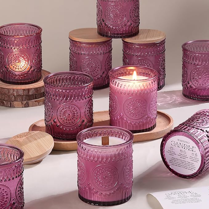 DARJEN 10 Pack Purple Candle Jars for Making Candles- 7.5 OZ Empty Glass Candle Making Jars with Bamboo Lids and Labels, Candle Making Supplies Candle Containers for Home DIY