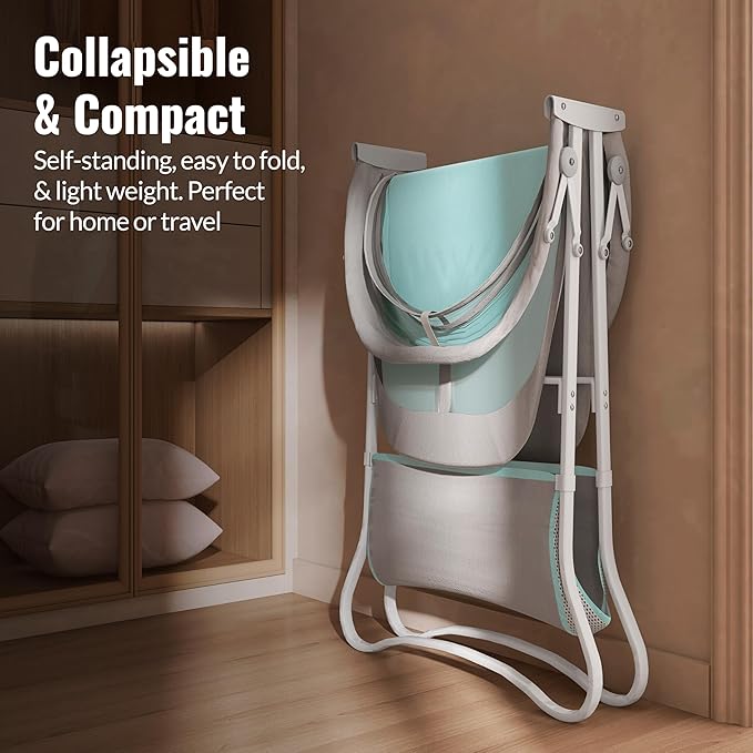 Dream On Me Karley Bassinet, Award Winner Lightweight Travel Baby Bassinet, Foldable Bedside Sleeper, Adjustable Double Canopy, Spacious Design, Soft Fabric, Storage Basket – Blue and Grey