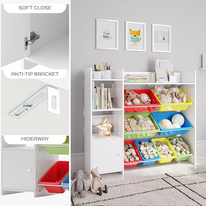 Toy Storage Organizer with Bookshelf, Kids Playroom Organization Shelving Unit with Removable Colorful Storage Bins & Anti-Tip Bracket, Multi-Color