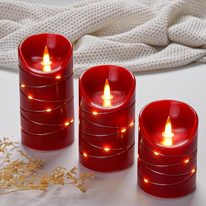HaitanghuaRechargeable Flickering Candle with String Lights, Remote Control, 2/4/6/8 Hour Timer Function, USB Rechargeable Candle, Real Wax LED Candle, (4/5/6 inches) red, Three-piece Set.
