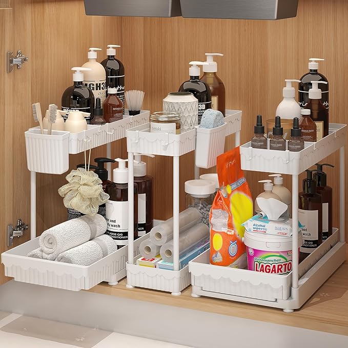 3 Pack Multi-Purpose Under Sink Organizers and Storage, 2026 L-Shaped Pull Out Cabinet Organizer for Bathroom & Kitchen, Under Cabinet Organizer with Hooks Hanging Cup (White, 14.85 inch)