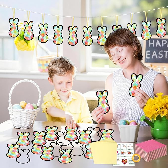 Qyeahkj 36 Set Easter Bunny Suncatchers Crafts for Kids DIY Colorful Rabbits Window Tissue Paper Craft Kit Hanging Decor for Easter Classroom Home Activity Art Project Birthday Party Favor