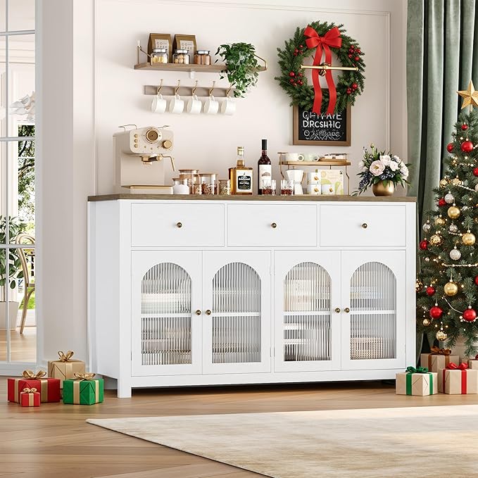 FINETONES Buffet Cabinet with Storage, 55.1" Large Sideboard Buffet Cabinet, Farmhouse Kitchen Cabinets with 3 Drawers and 4 Doors, Wood Coffee Bar for Kitchen Dining Room