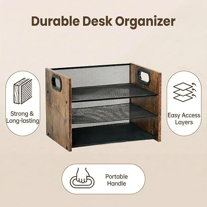 Desk Organizer - 3 Tier Wood & Metal Mesh Desktop Organizer for Office, Home, School, Workspace, Office Desk Organzier for Papers, Mail, Notebooks, Stationery