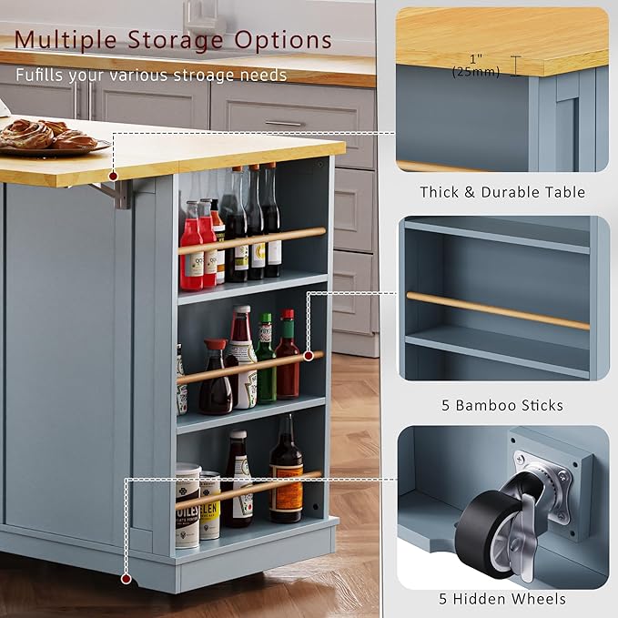 Amposei Kitchen Storage Island on Wheels with 2 Bar Stools, Rolling Drop Leaf Kitchen Island Cart with Power Outlet, Open Side Racks, Door Shelves and Towel Bar, 53-Inch, Grey Blule