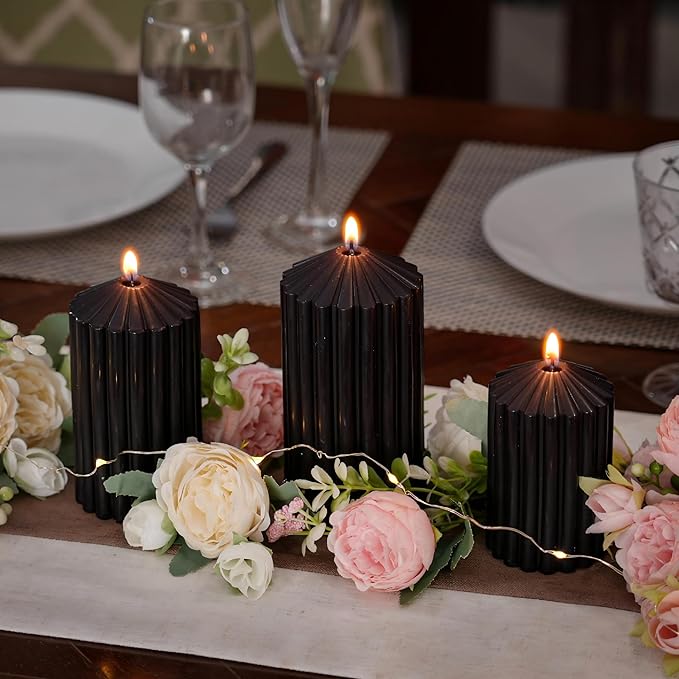 3 Pack Black Ribbed Pillar Candles - Soy Wax Unscented, 2.76" x4.2/4.9/5.9 in Smokeless Non Toxic Cotton Wick, Aesthetic Modern Candles for Home Decor, Dinner Table, Living Room, Housewarming Gift