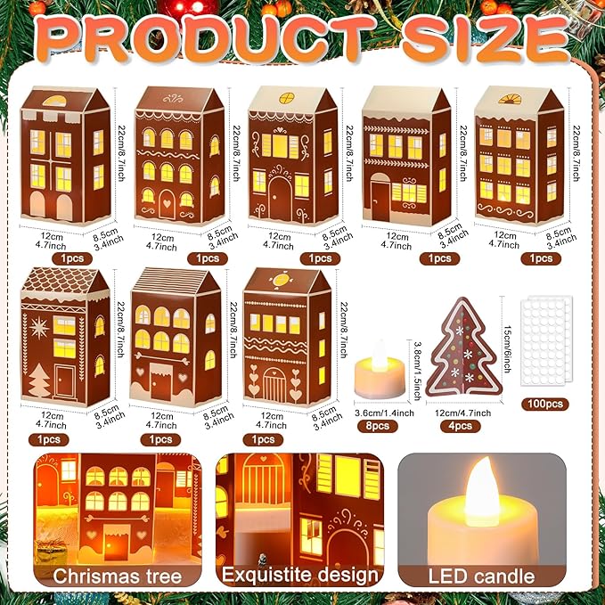 Reallnaive 20 Pcs Large 8" Christmas Cardboard Village Houses Set Xmas DIY Village Houses with LED Candle Paper Home and Tree Figurine Scene Desktop Ornament for Home Party Decor(Gingerbread,Brown)