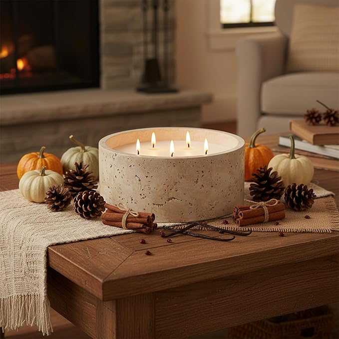 Scented Candle - Cinnamon & Vanilla, 42 oz. 5 Wick Large Candle Made with Coconut Oil and Soy Blend Wax | Acacia Wood Lid