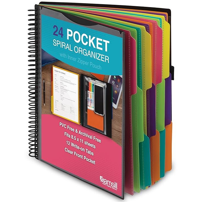Samsill Spiral Folder Organizer - 12 Dividers & 24 Pockets with Zipper Pouch, Multi Pocket Color Cordinated Folder Binder with Customizable Tabs, Document Organizer (Fashion)